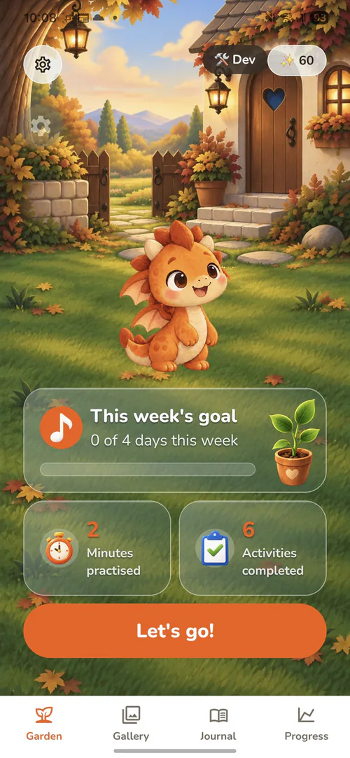 Chenko's home screen: Lesi in his autumn garden with this week's practice goal