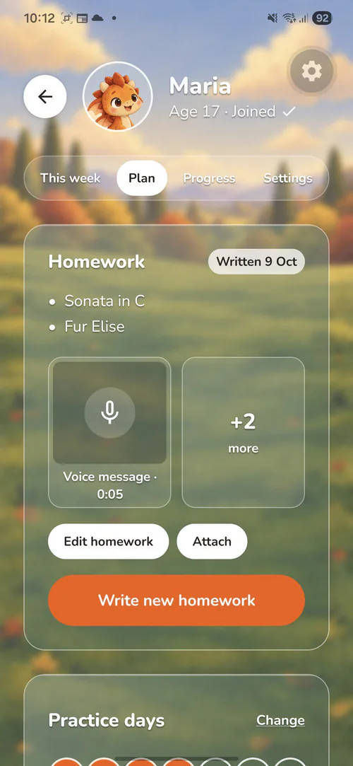 The teacher's homework screen with two pieces and a voice message attached